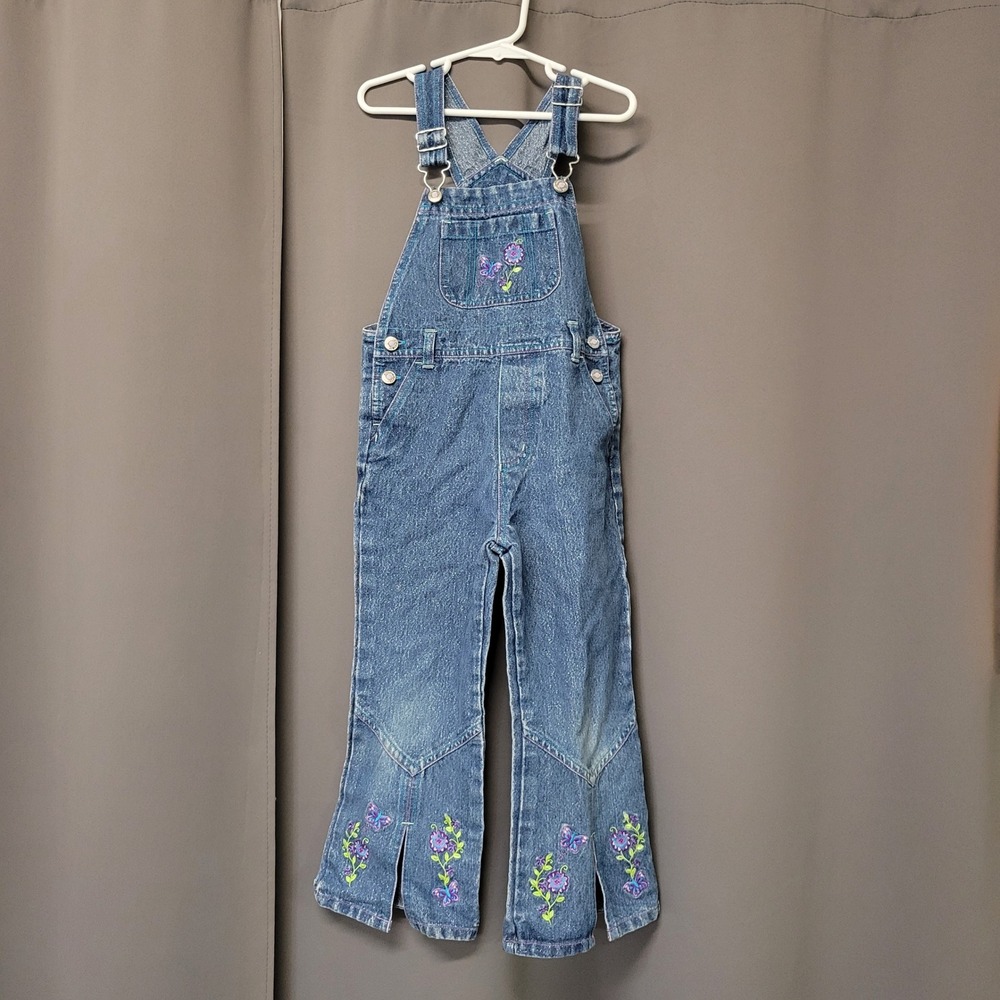 Vintage 90s y2k Girls Denim Overalls Blue Butterfly Floral Embroidered Sparkle 5 - Picture 3 of 8